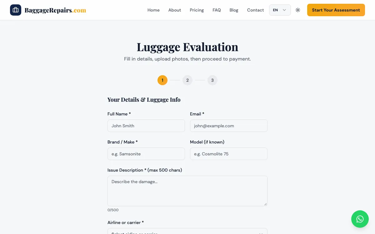 BaggageRepairs.com three-step claim form