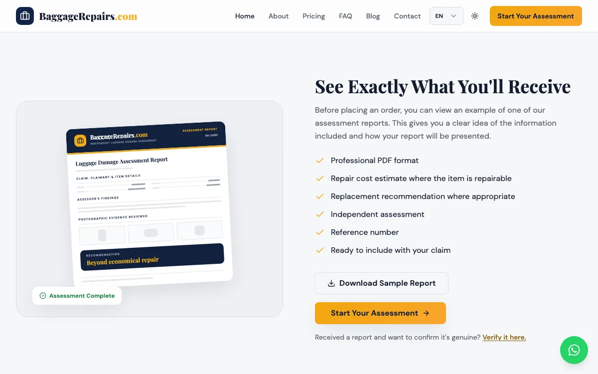 Sample assessment report preview on the BaggageRepairs.com home page